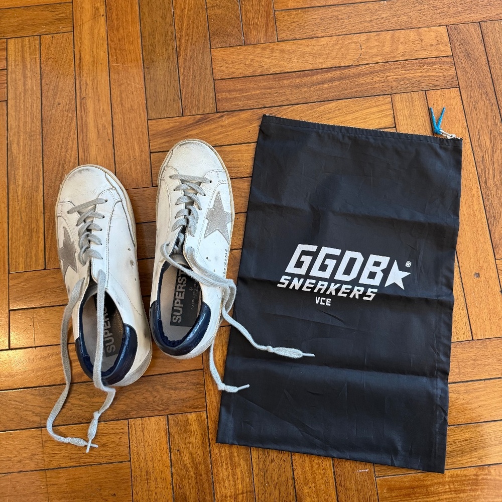 Golden Goose Superstar Mixed Leather Sneakers, White/Navy, Size 36